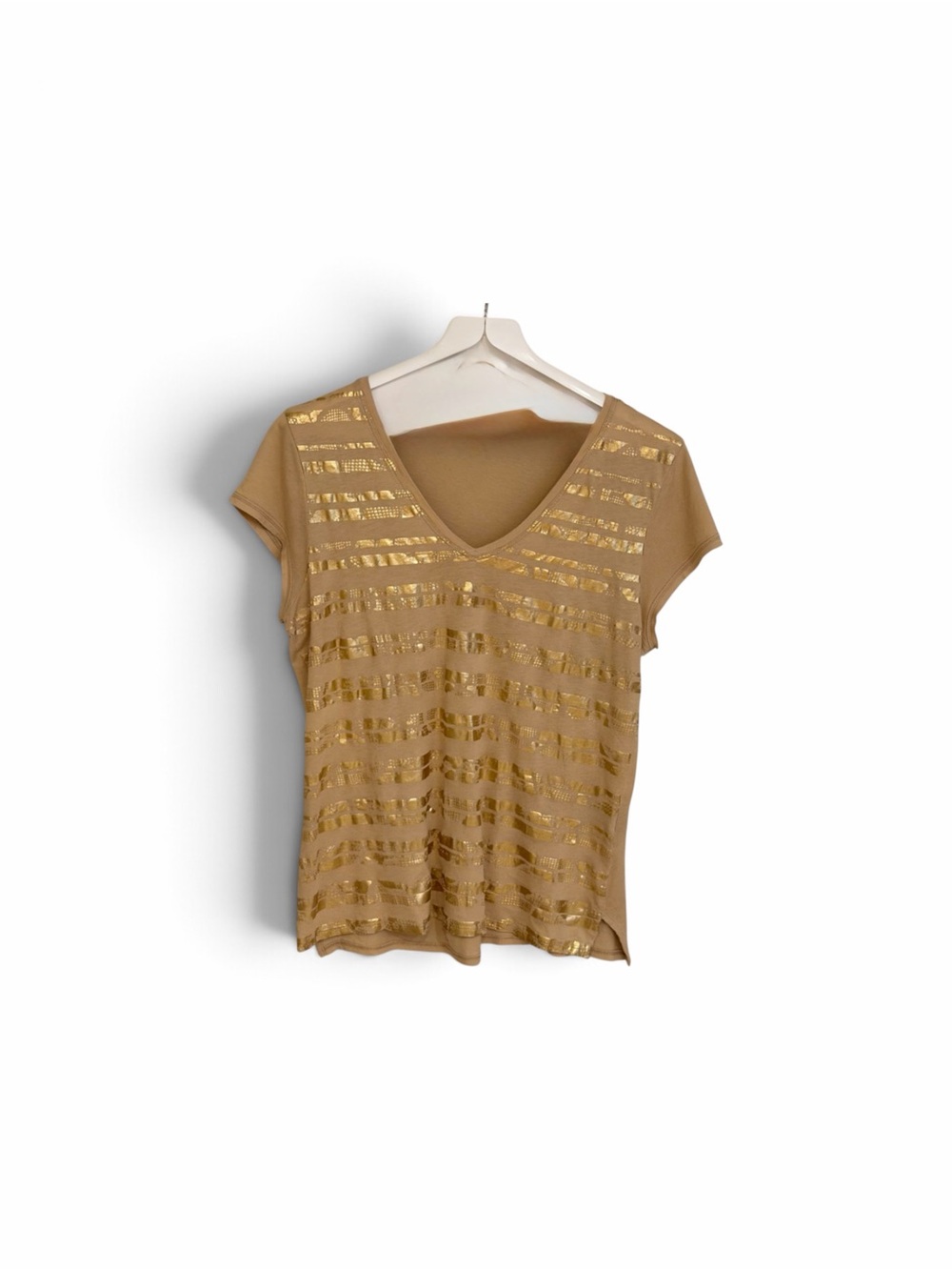 Tahari V-Neck Short Sleeve Top - M, tan and gold